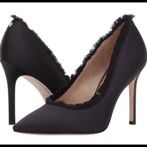 San Edelman Haag Black Satin Fringe Pump Heels